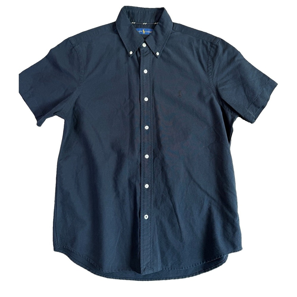 Ralph Lauren Polo Button Up Twill Short Sleeve Shirt Black On Black Preppy Sz M